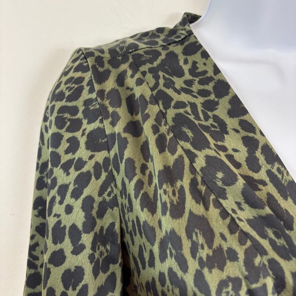 Express Silky Wrap Dress Ruffled Midi Green Leopard S- Old Money - Picture 5 of 9